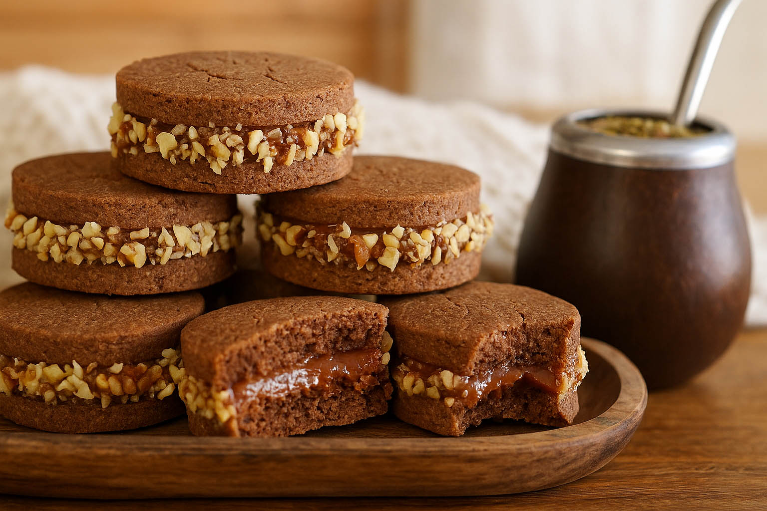 Alfajores caseros de nuez y membrillo sobre una bandeja rústica, con textura suave y relleno artesanal