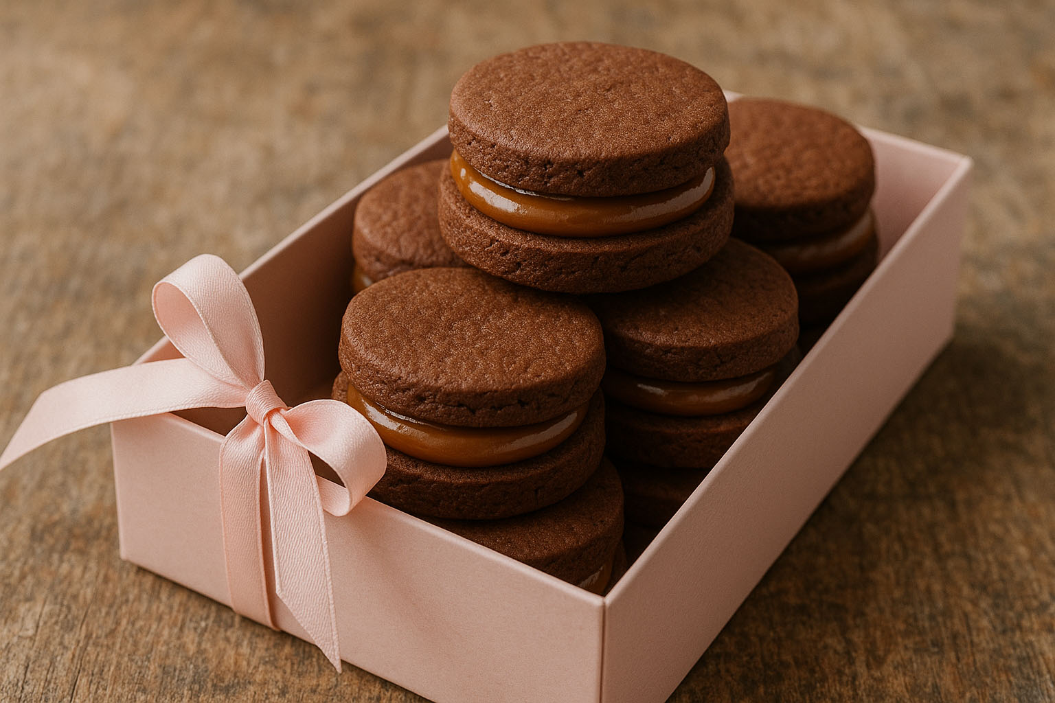 Alfajores sablée de chocolate caseros rellenos con dulce de leche, listos para regalar o disfrutar