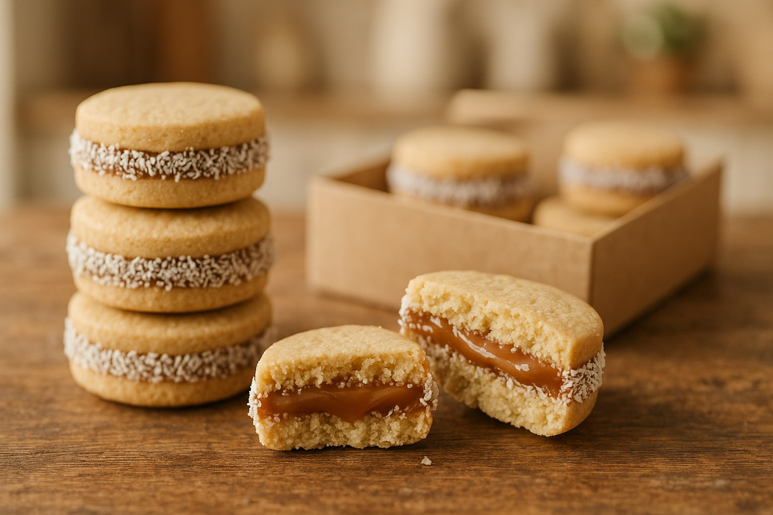 Alfajores de coco caseros rellenos con dulce de leche sobre una mesa rústica