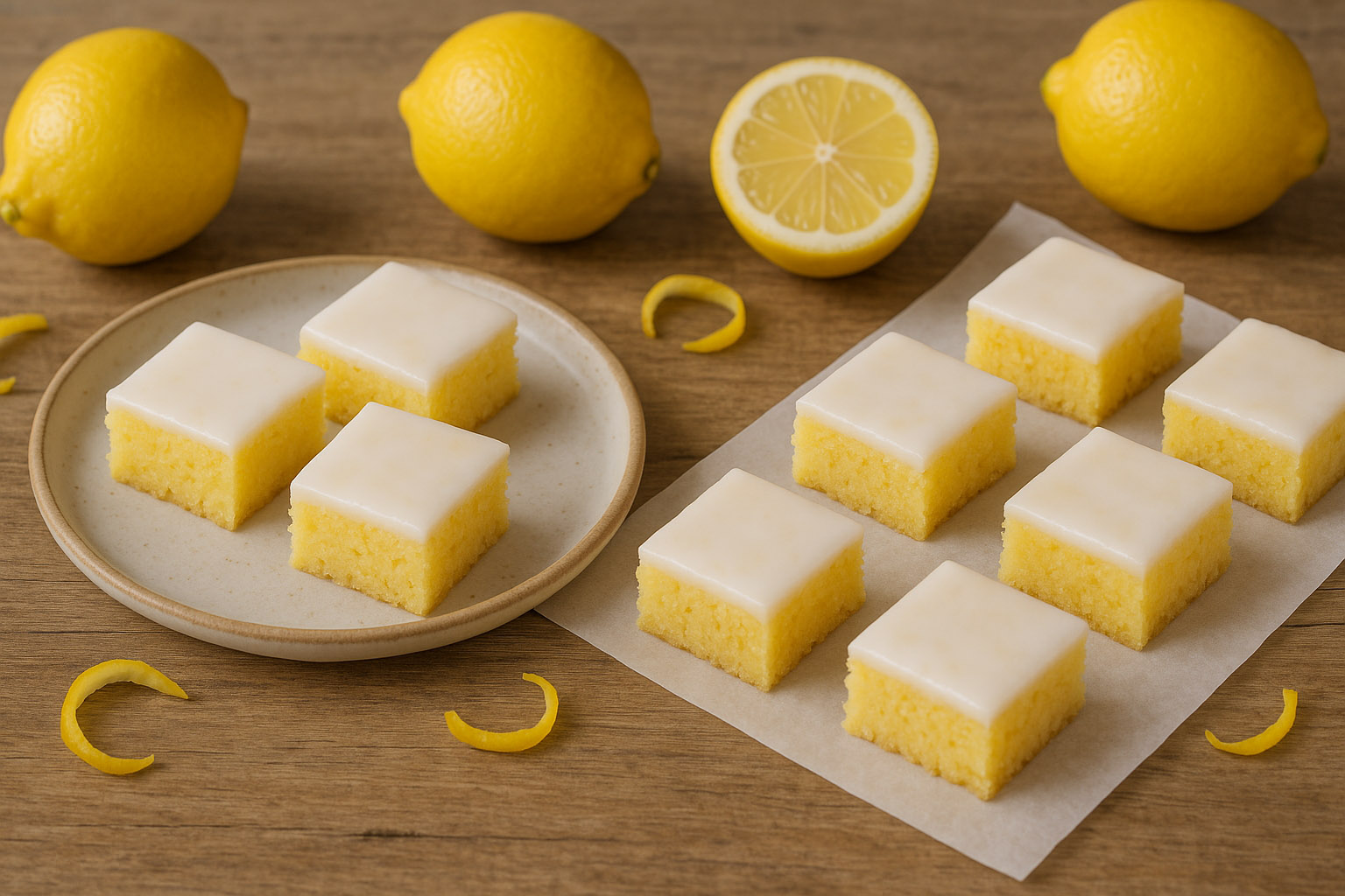 Lemonies caseros con glaseado de limón, cortados en cuadraditos sobre una bandeja pastel