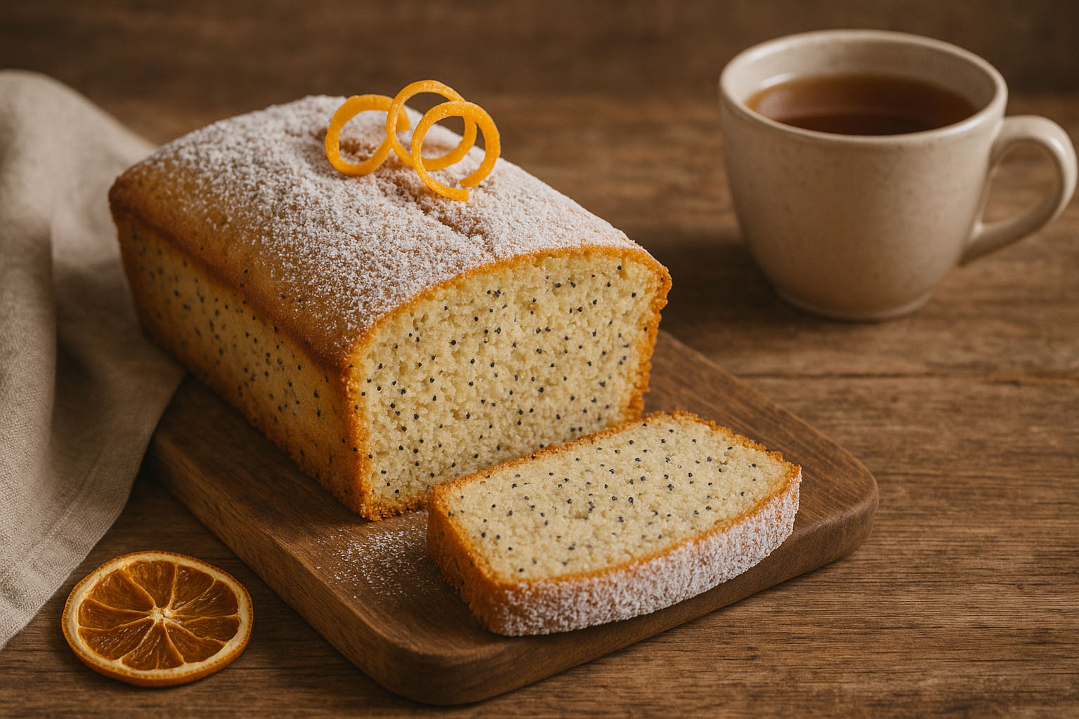 Budín de naranja y amapola casero, esponjoso y decorado con azúcar impalpable sobre una mesa cálida