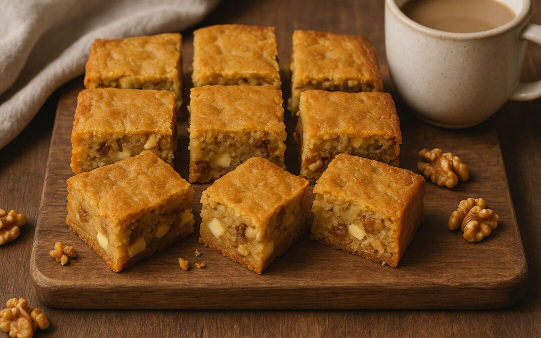 Blondies con chocolate blanco y nueces húmedos y fáciles