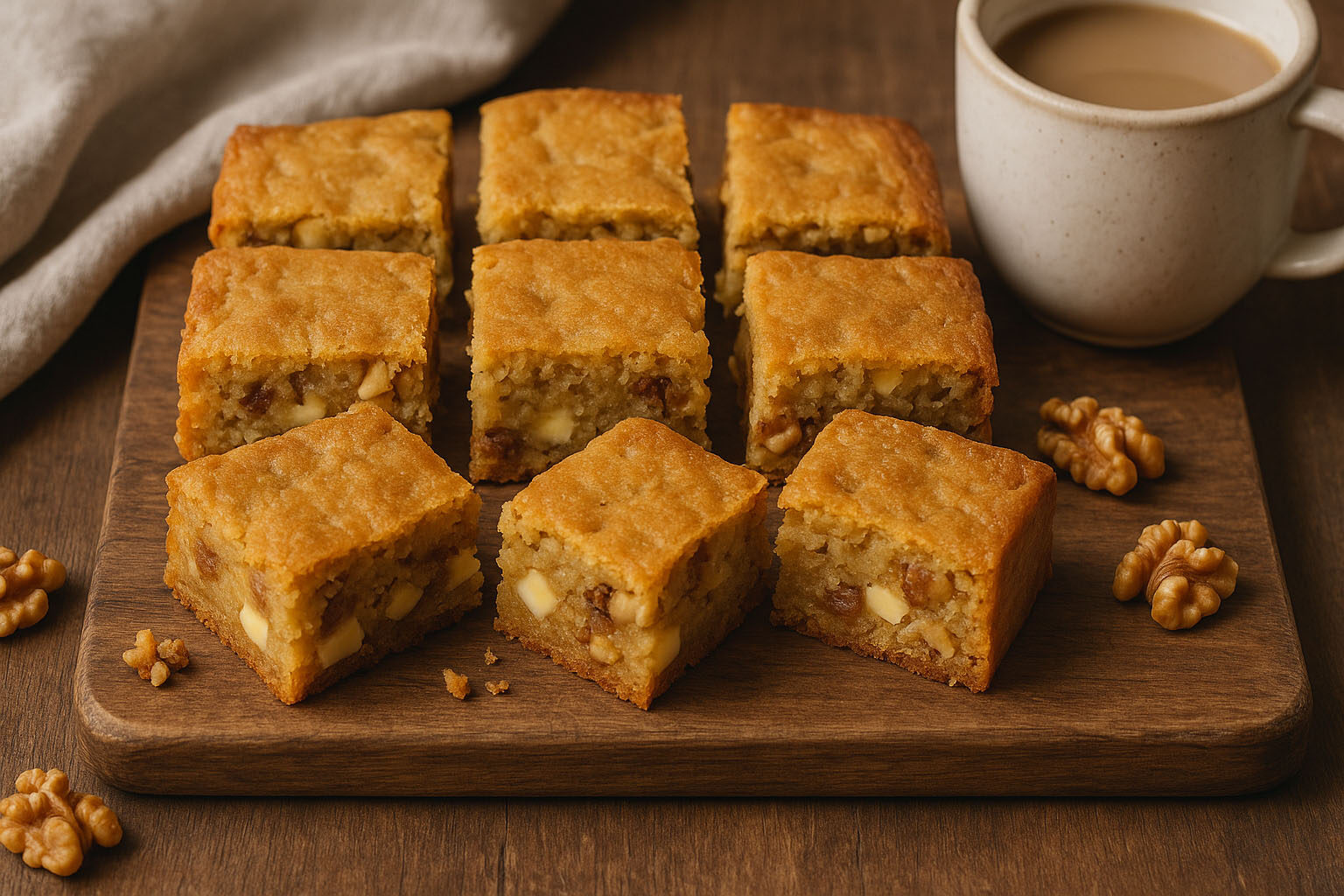 Blondies caseros con chocolate blanco y nueces, cortados en cuadraditos sobre una bandeja de madera