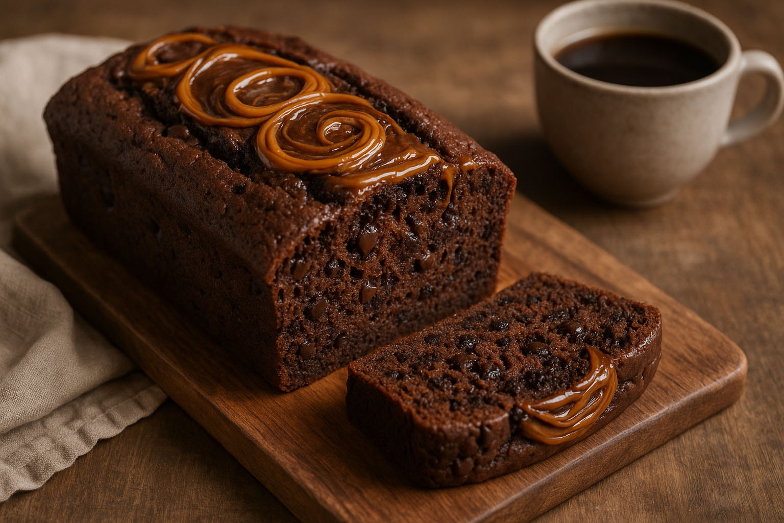 Budín casero de dulce de leche y chocolate, con chips visibles, sobre bandeja de madera
