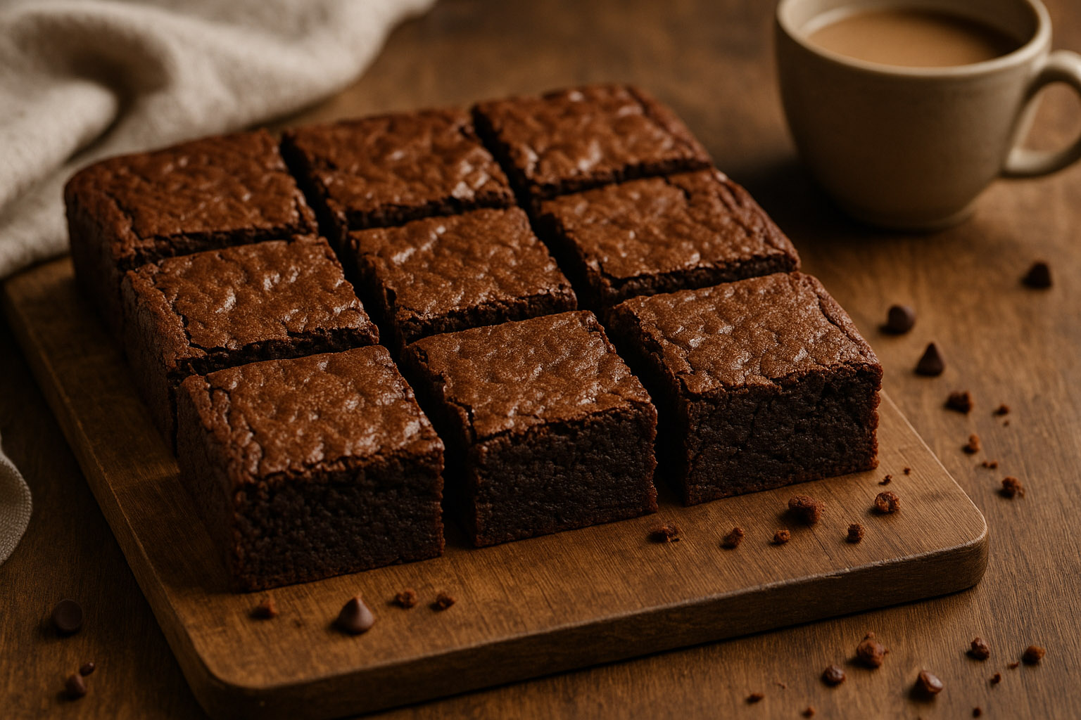 Brownies clásicos caseros con superficie crocante y textura húmeda, cortados en cuadrados sobre bandeja de madera