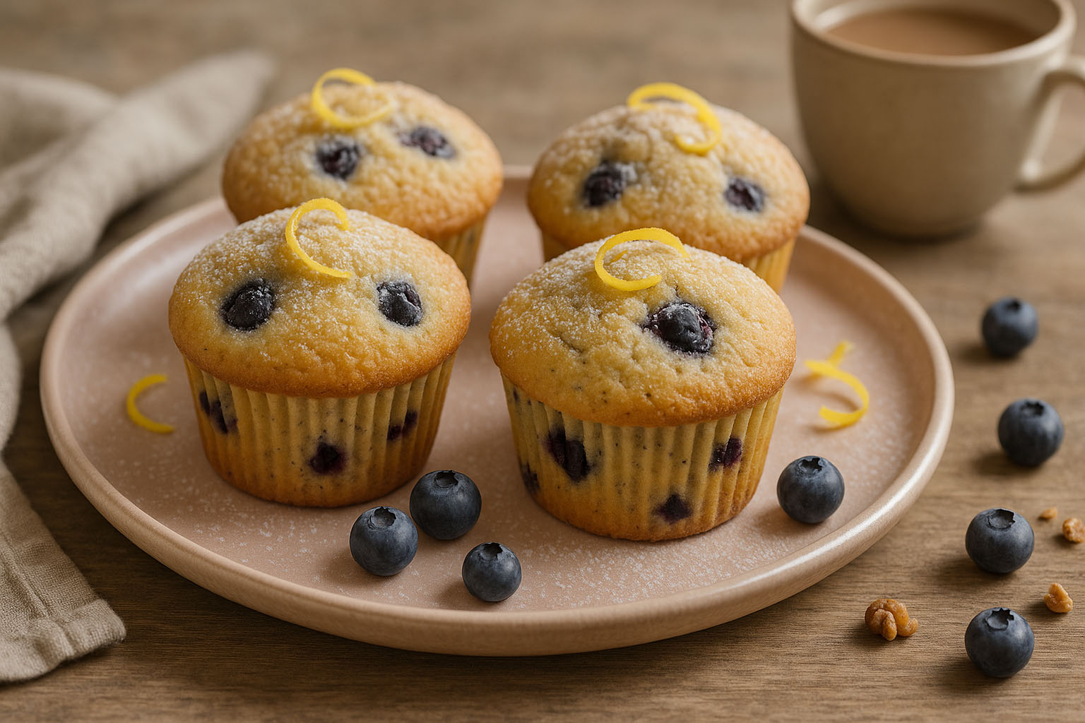 Cupcakes caseros de arándanos y limón, esponjosos y frescos, decorados con azúcar impalpable sobre una bandeja pastel